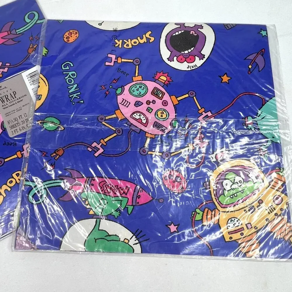 Two Vintage Hallmark Space Cartoon Wrapping Paper Sheets